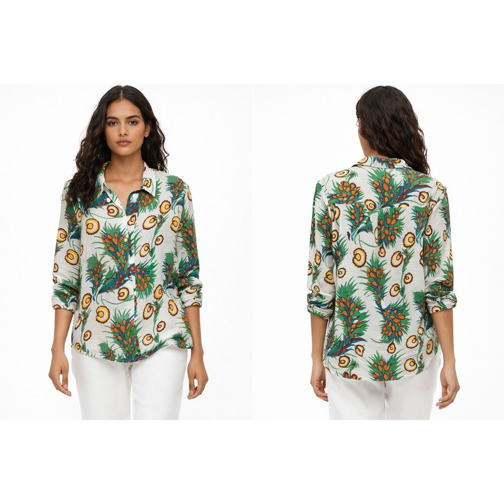 Maje White Green Linen Silk Long Sleeve Floral Button Front Blouse Size 1/US-4